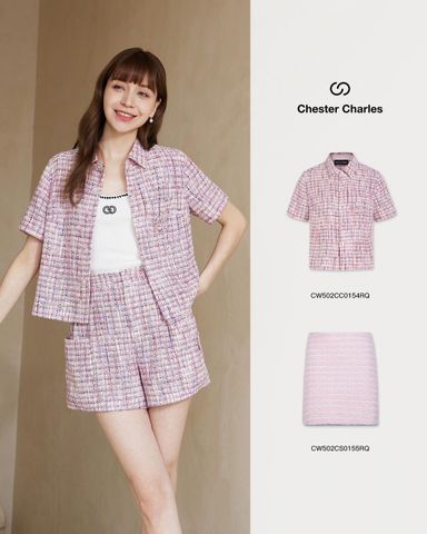  Bộ Áo tweed hồng ngắn tay - cổ V và Quần short dạ tweed hồng set 
