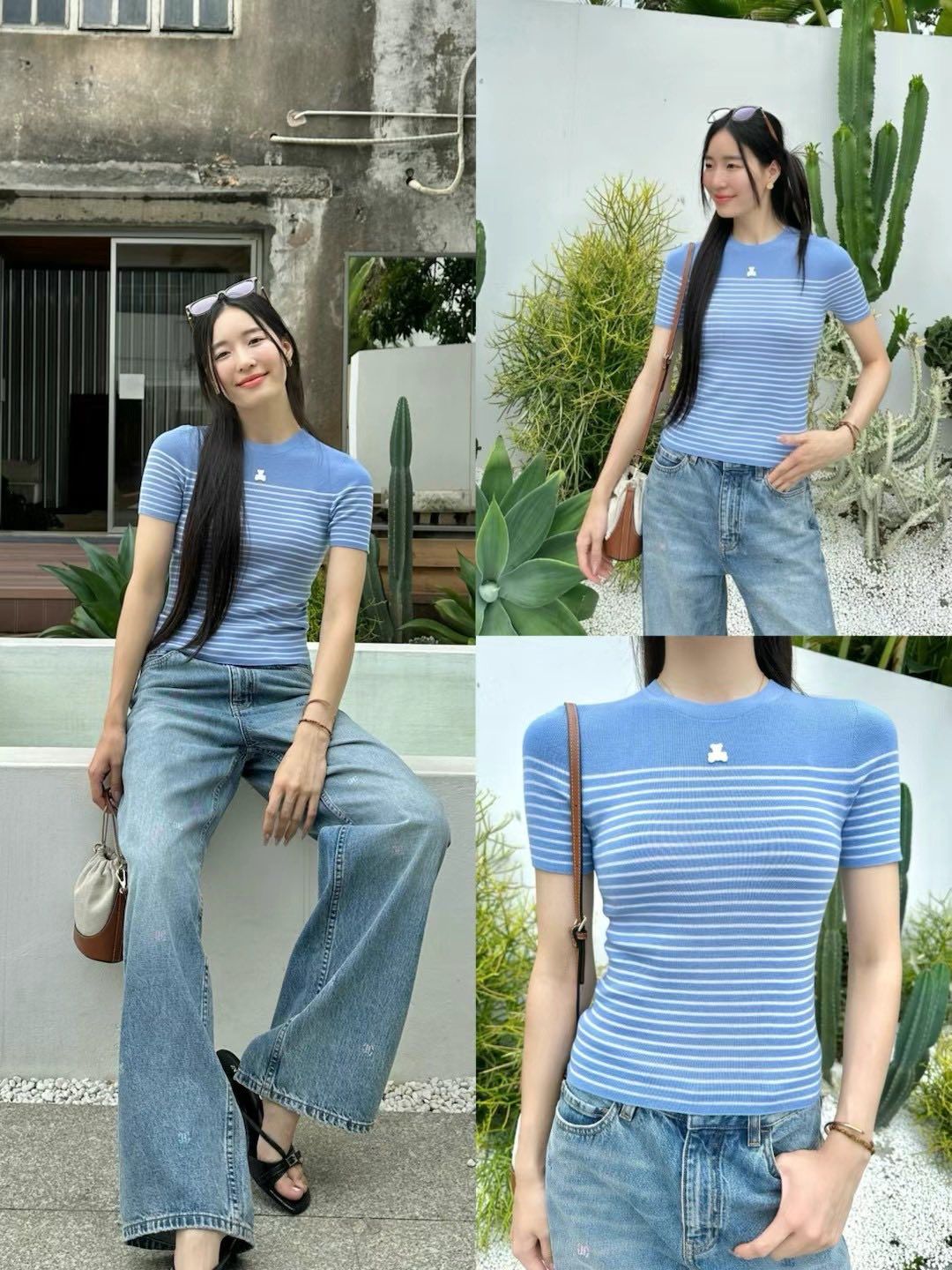  Áo ngắn tay xanh da trời kẻ sọc ngang - gấu trắng 