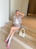  Quần short dạ tweed hồng kẻ 
