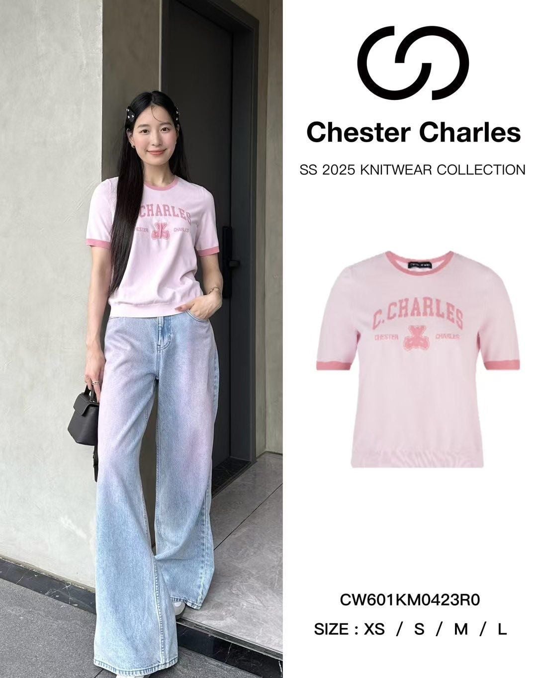  Áo Hồng viền cổ, tay Hồng chữ C. Charles ngực 