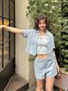  Bộ áo tweed ngắn tay croptop và Quần short dạ tweed xanh set 