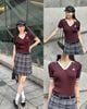  Áo cổ V Bordeaux tay sọc 