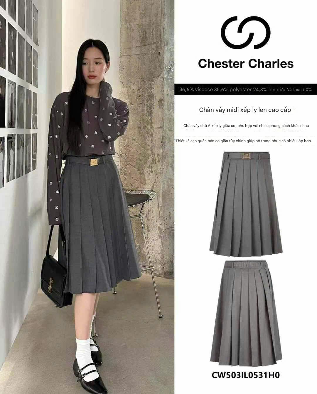  Chân váy midi xếp ly len cao cấp 