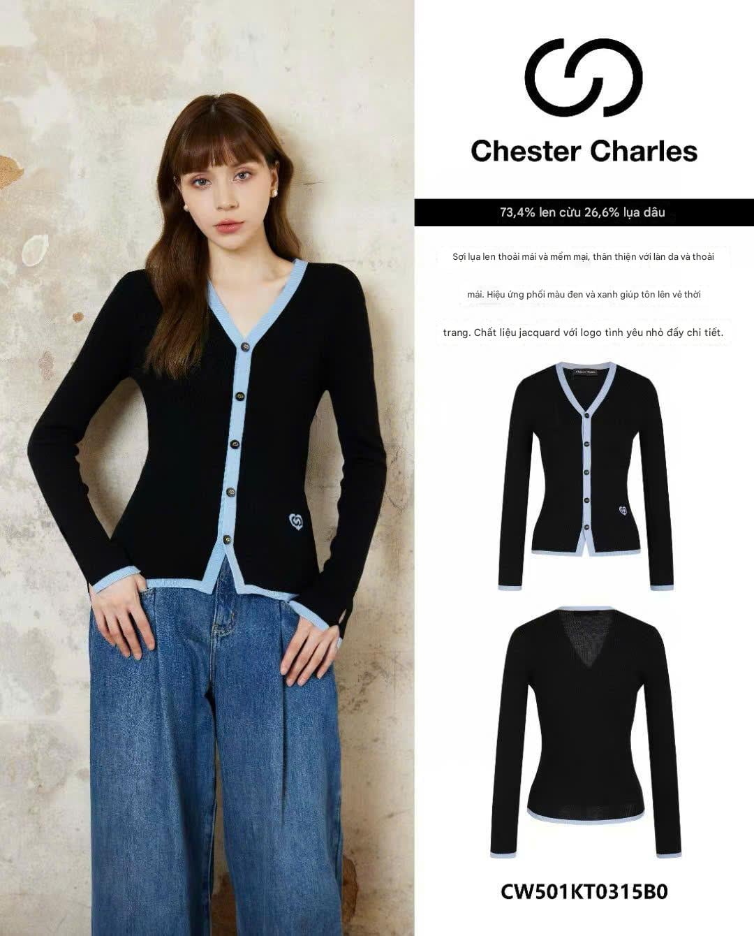  Áo Cardigan cổ tim viền xanh 