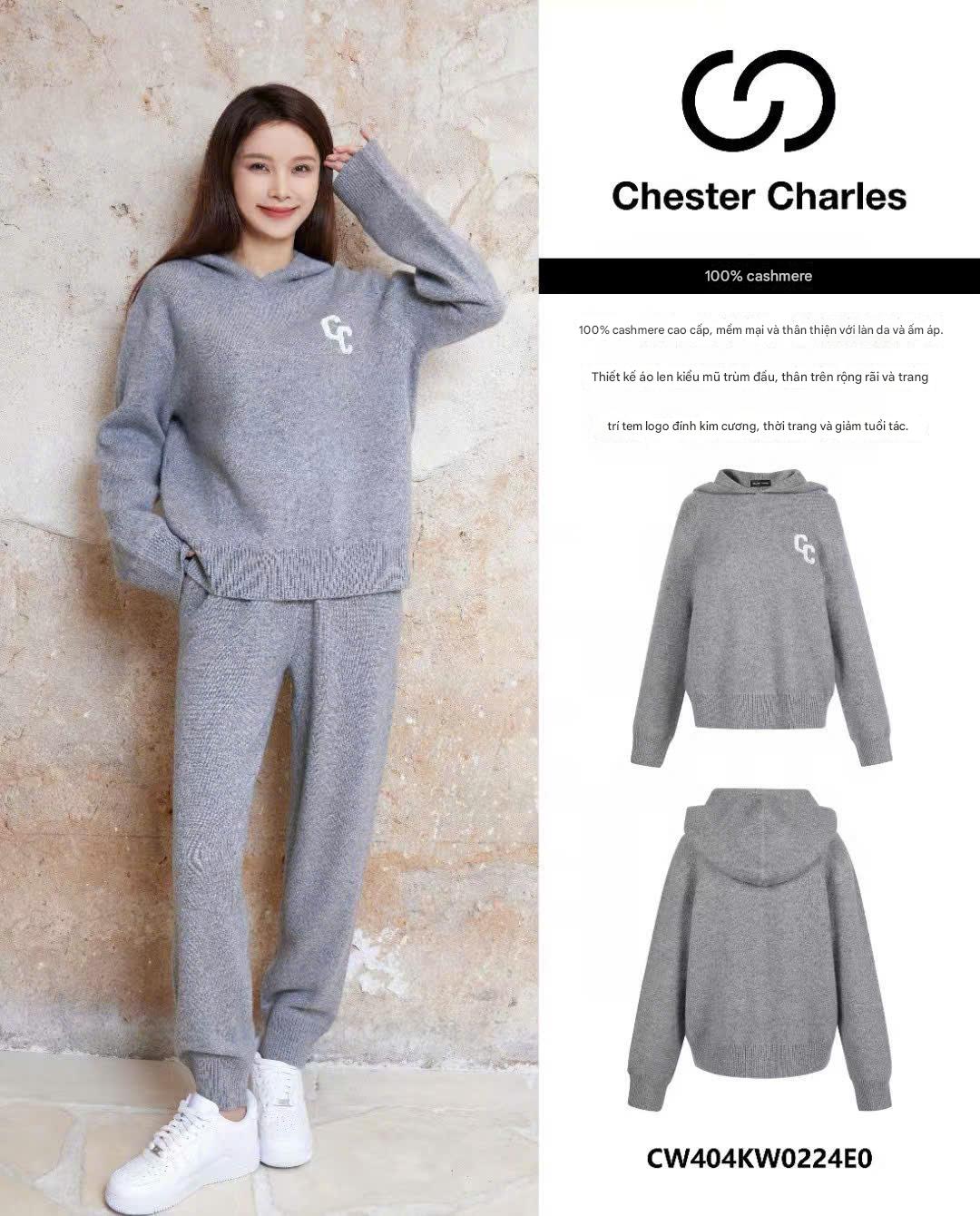  Áo nỉ xám bộ, chữ CC 