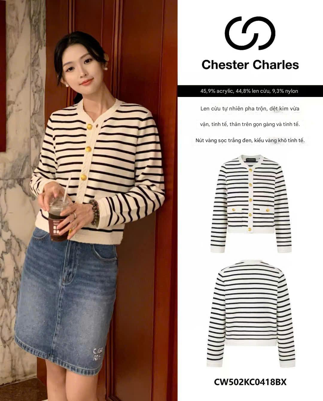 Cardigan trắng kẻ đen - cúc vàng (giống Celine) 