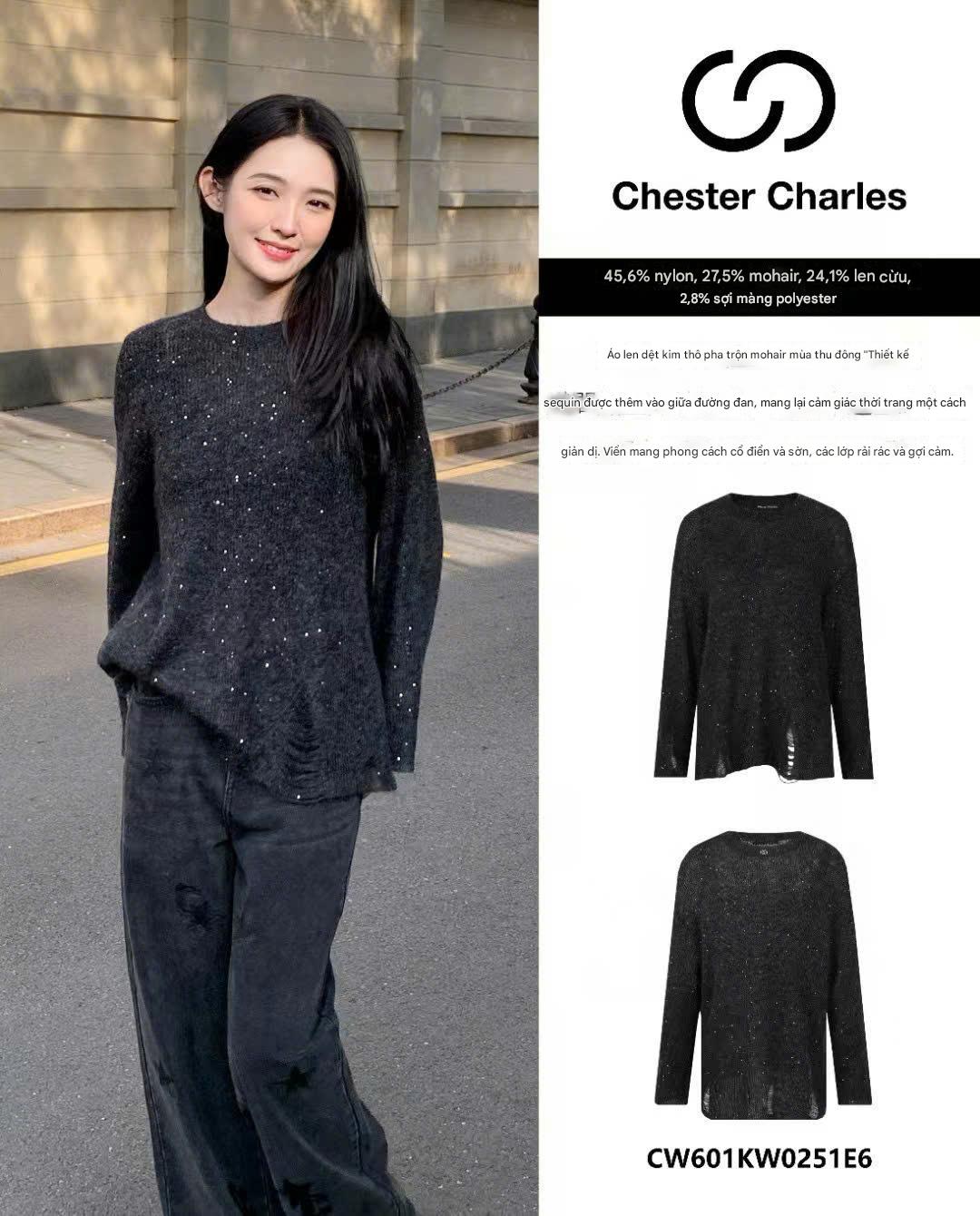  Áo len xốp dáng dài đính sequin 