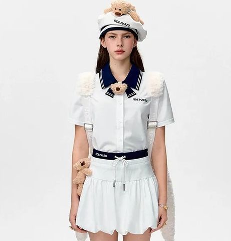  Áo sơ mi nữ trắng 13 De Marzo cổ thủy thủ họa tiết gấu 