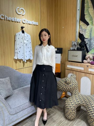  Áo sơ mi lụa full logo - dây nơ trắng 