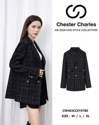  Áo Tweed đen dài caro cúc bạc 