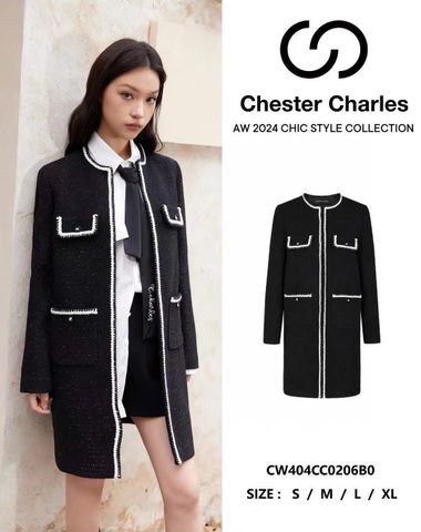  Áo dạ tweed dáng dài túi viền trắng 