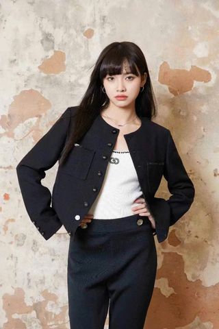  Áo khoác Đen 2 túi ngực ( len wool + Silk) 