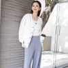  Áo tweed kem - cổ V - 2 túi 