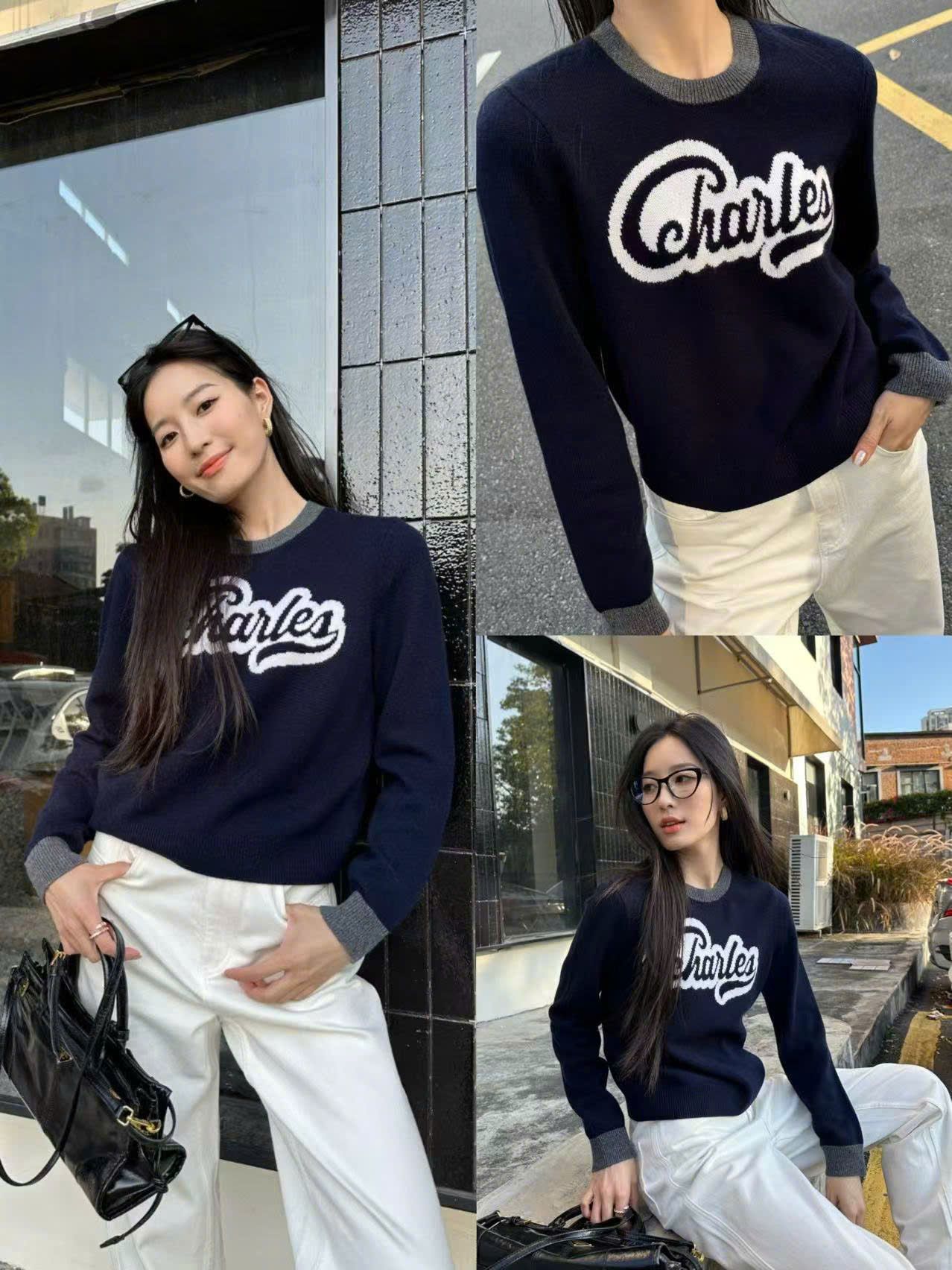  Áo len viền cổ xám chữ CCharles 