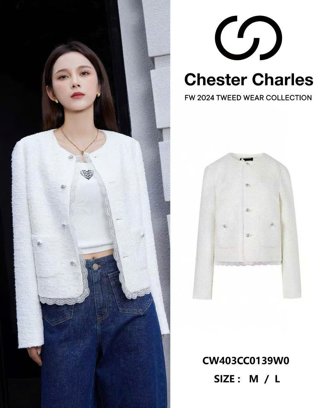  Áo dạ tweed trắng, viền ren 