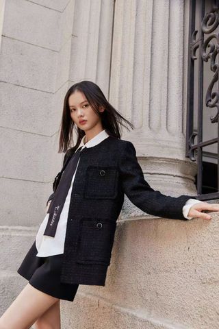  Áo dạ tweed đen dài 