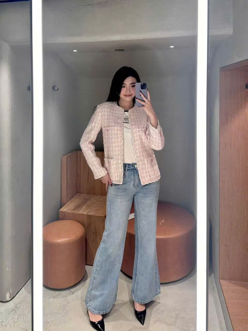  2.Áo Twed hồng kẻ trắng 