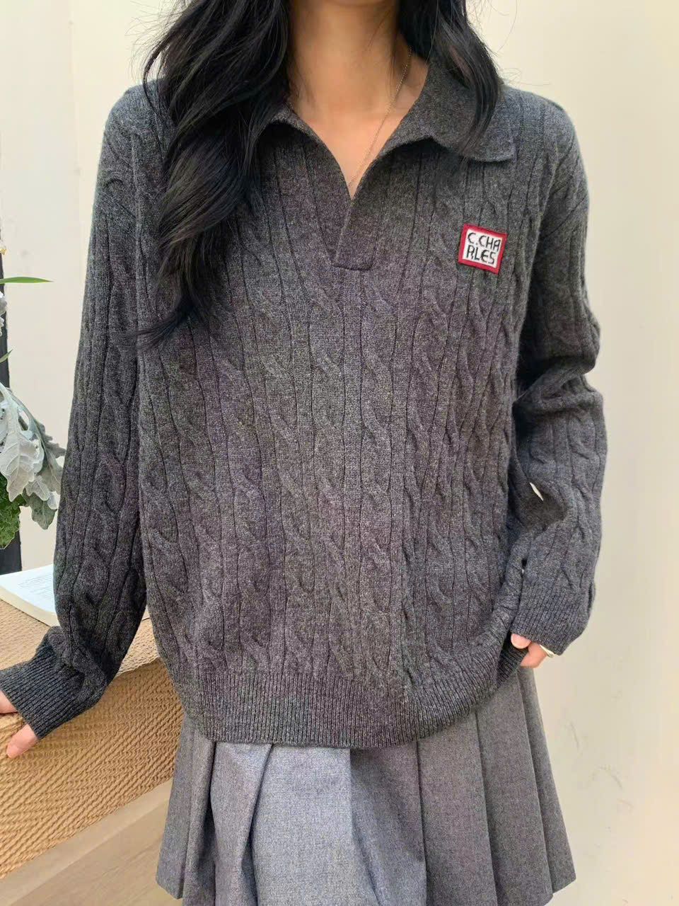  Áo len xám vặn thừng - cổ polo 