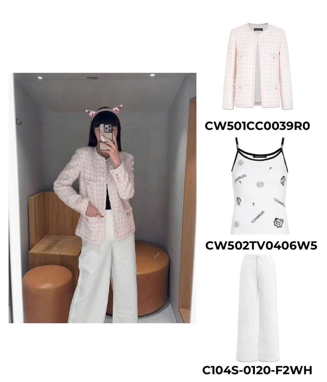  2.Áo Twed hồng kẻ trắng 