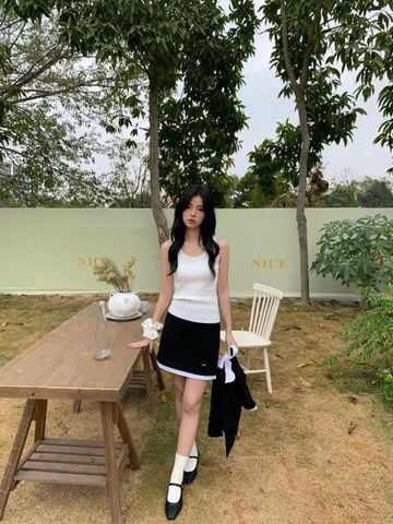  Chân váy dạ Tweed đen phối tà trắng (SET) 