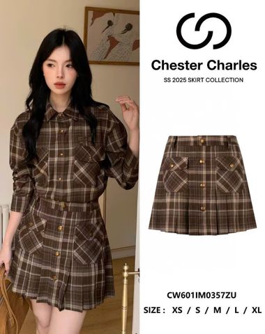  Chân váy caro 2 túi nắp kẻ nâu be SET 