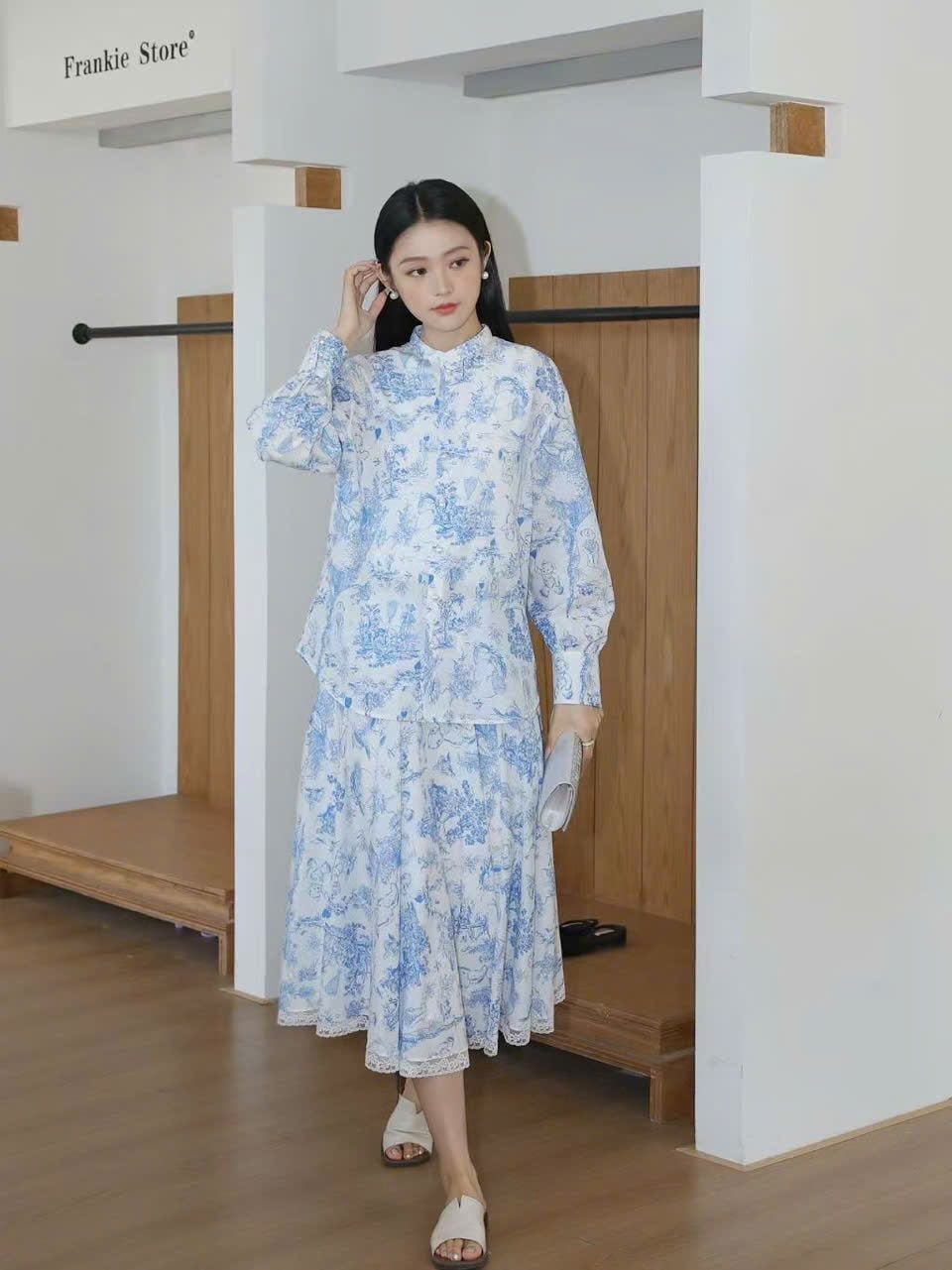  Bộ Áo sơ mi dáng suông, cổ tàu và chân váy dài xanh ren - set 