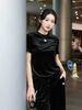  Bộ áo nhung ngắn tay và quần nhung đen set 