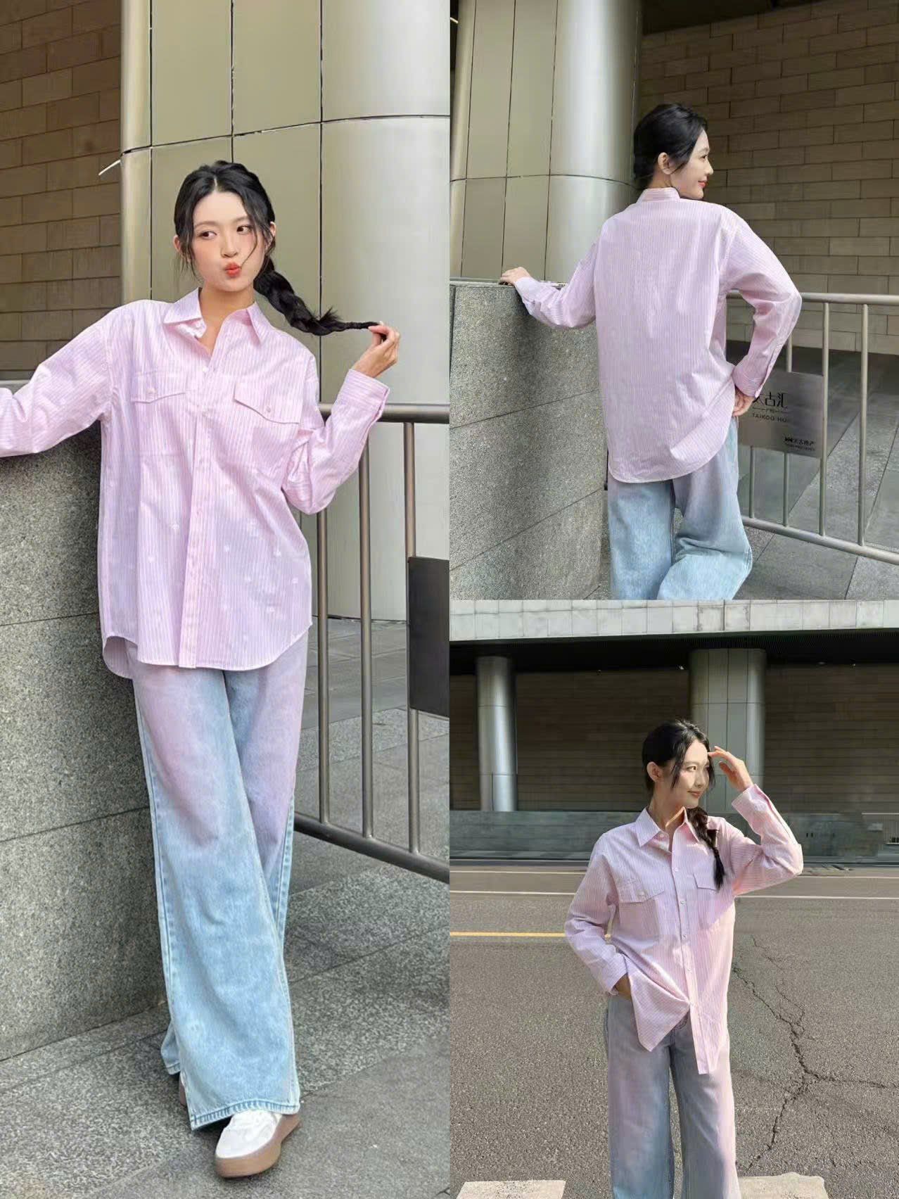  Áo sơmi hồng dài tay đuôi tôm, 2 túi ngực 