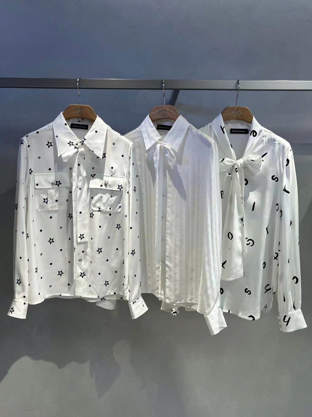  Áo sơ mi lụa full logo - dây nơ trắng 