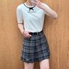  Chân váy ngắn kẻ tím xám, kèm Belt da 