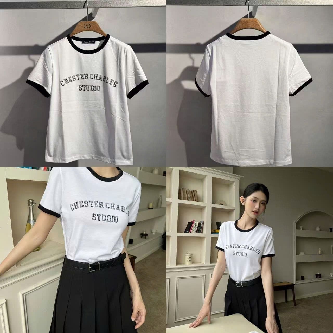  Áo phông trắng viền đen chữ CC STUDIO 