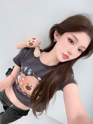  Áo croptop nâu xám đậm ánh tím gấu 