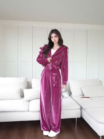  Áo khoác nhung màu hồng phấn đính đá Set 