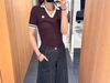  Áo cổ V Bordeaux tay sọc 