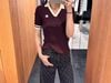  Áo cổ V Bordeaux tay sọc 