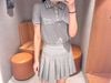  Bộ áo polo xám phối sọc cúc trắng và chân váy ghi xám ngắn xếp ly set 