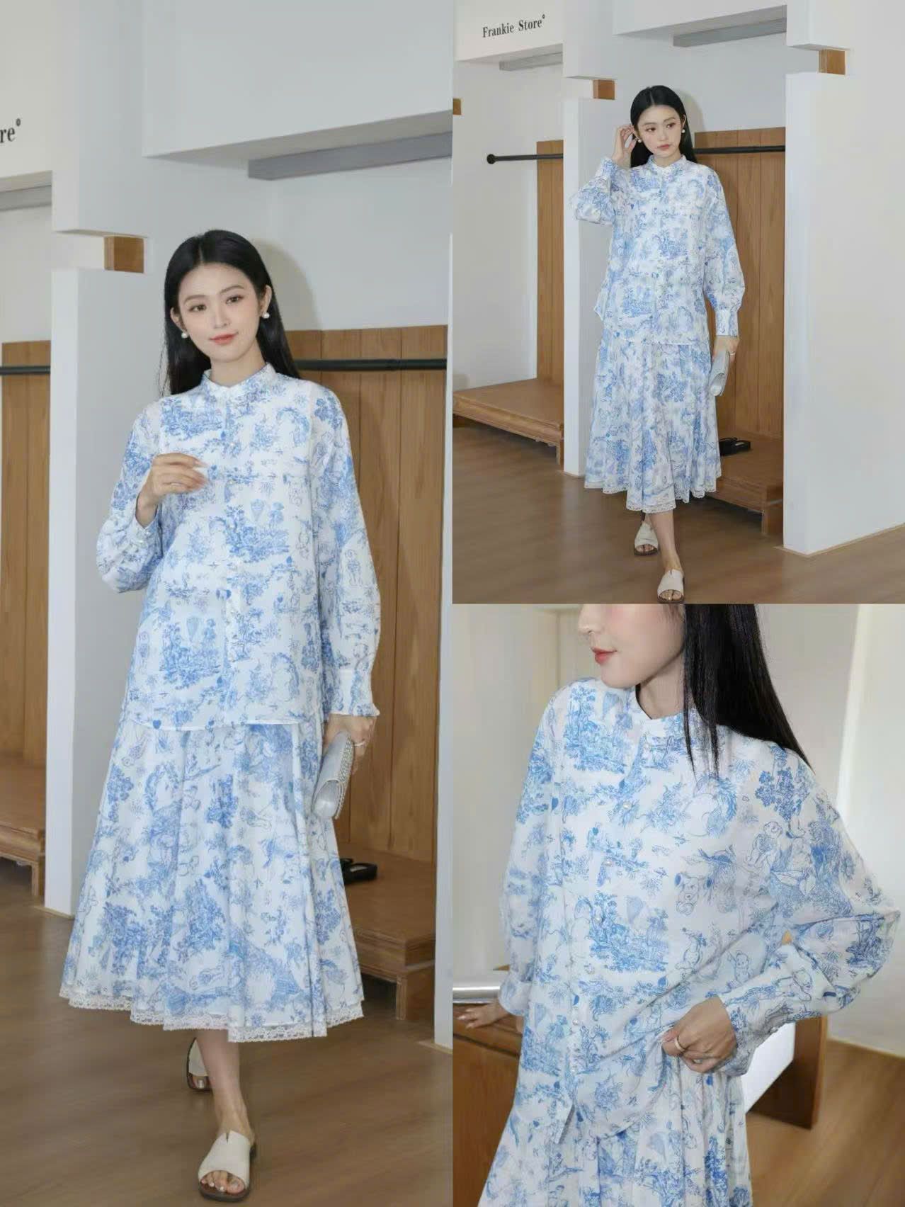  Chân váy xanh ren - hoạ tiết gấu Set 