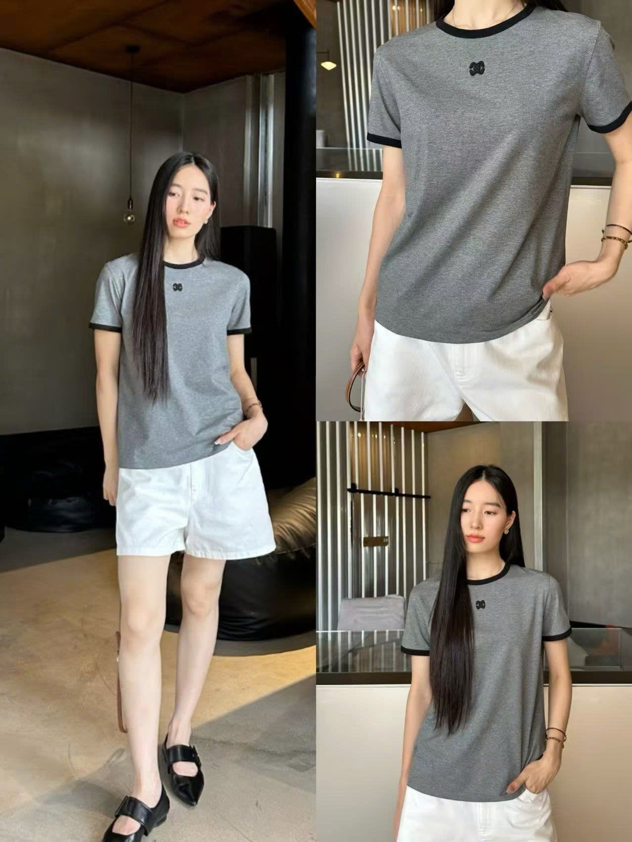  Áo phông xám tro, viền đen, logo đen 