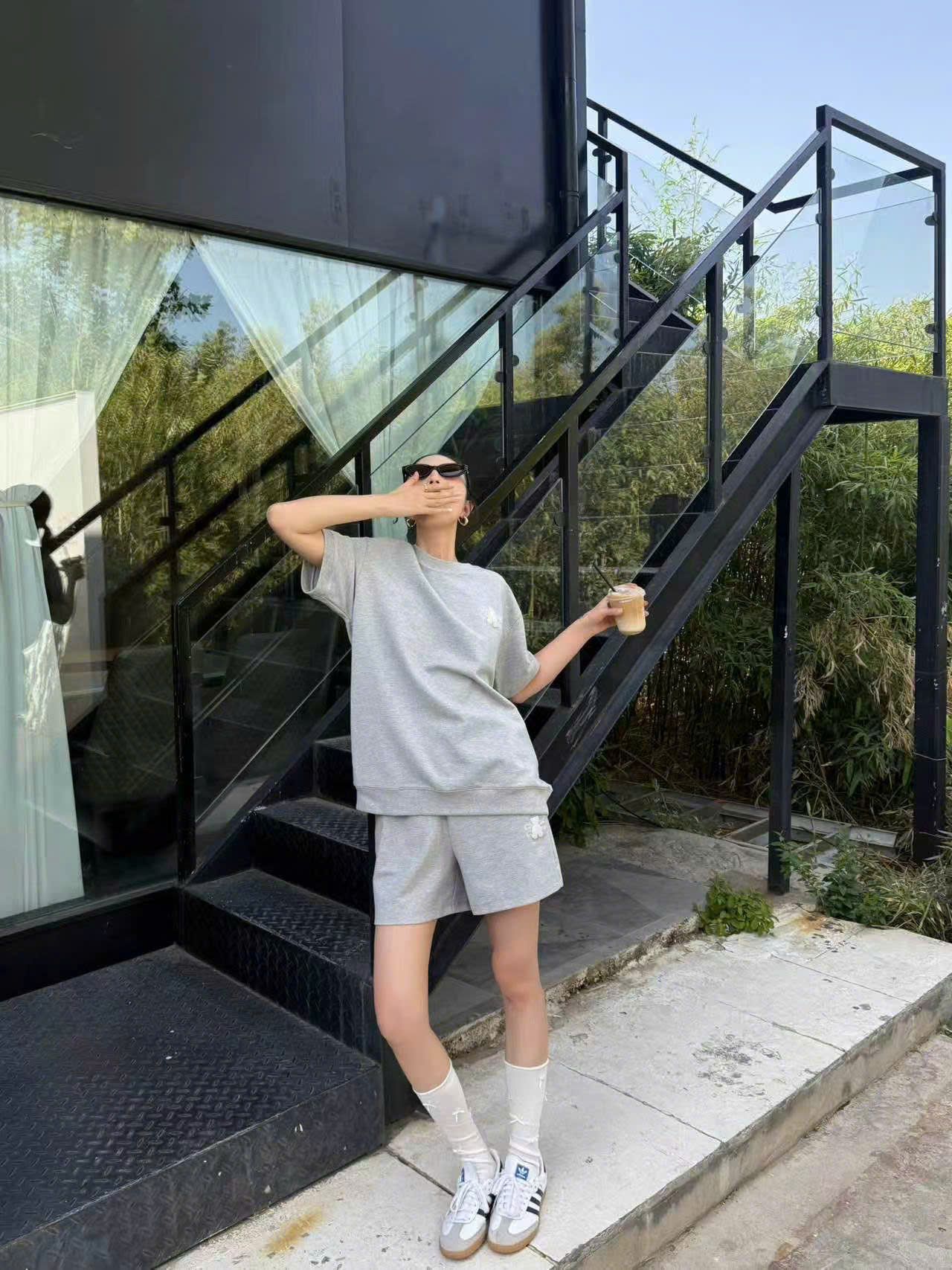  Áo thun xám dệt kim tuyến - gấu ngọc (SET) 