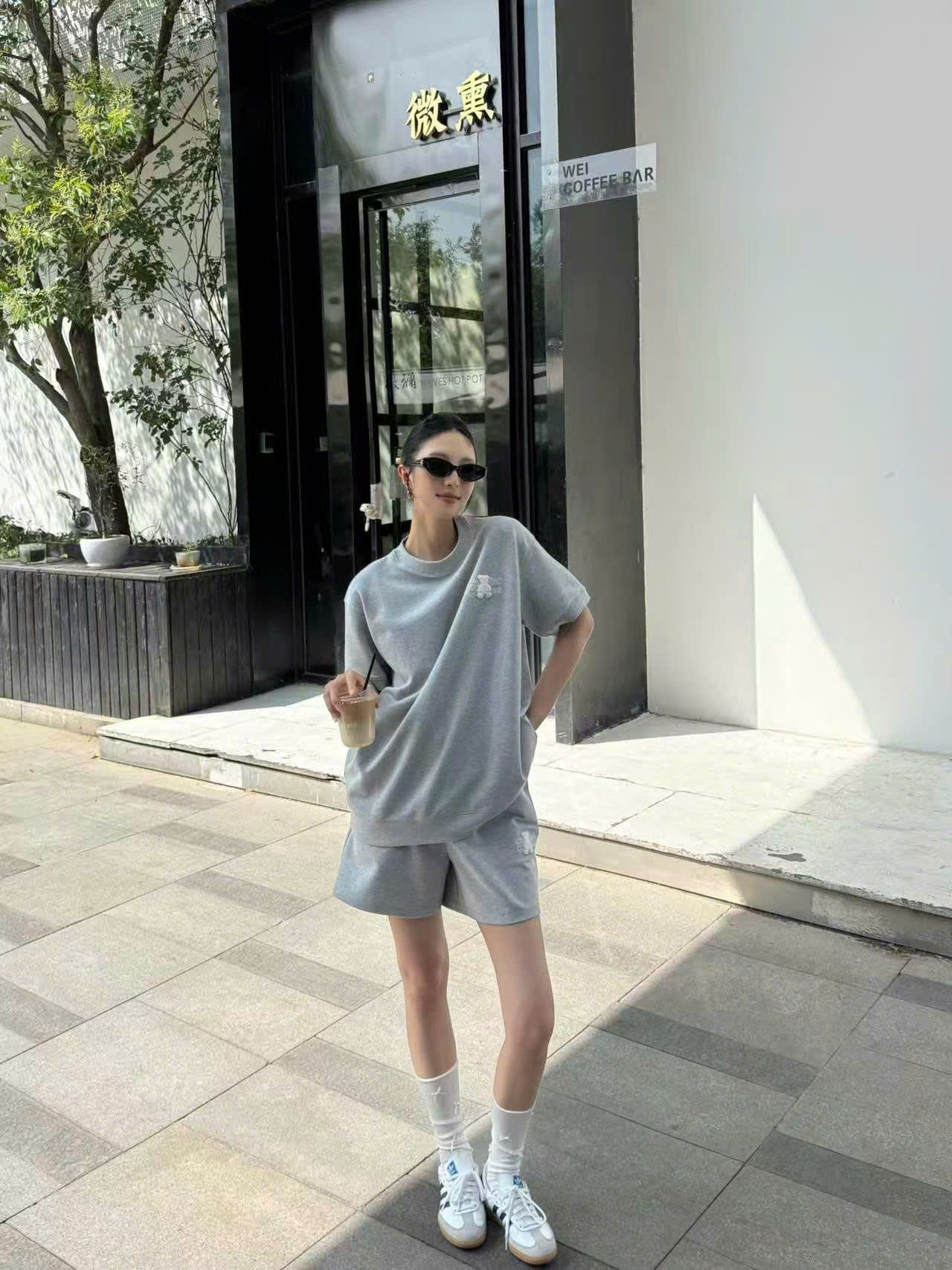  Áo thun xám dệt kim tuyến - gấu ngọc (SET) 