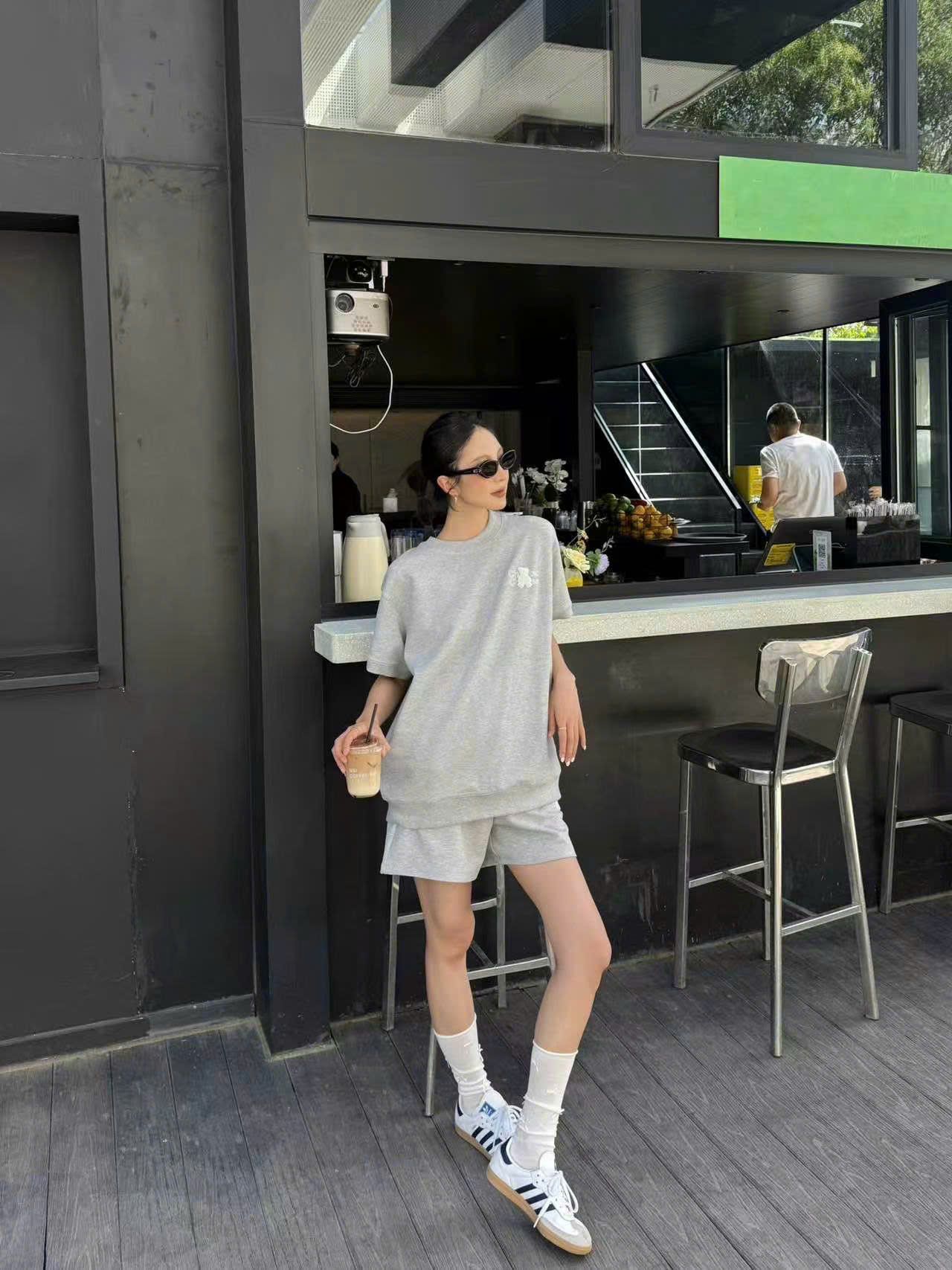  Áo thun xám dệt kim tuyến - gấu ngọc (SET) 