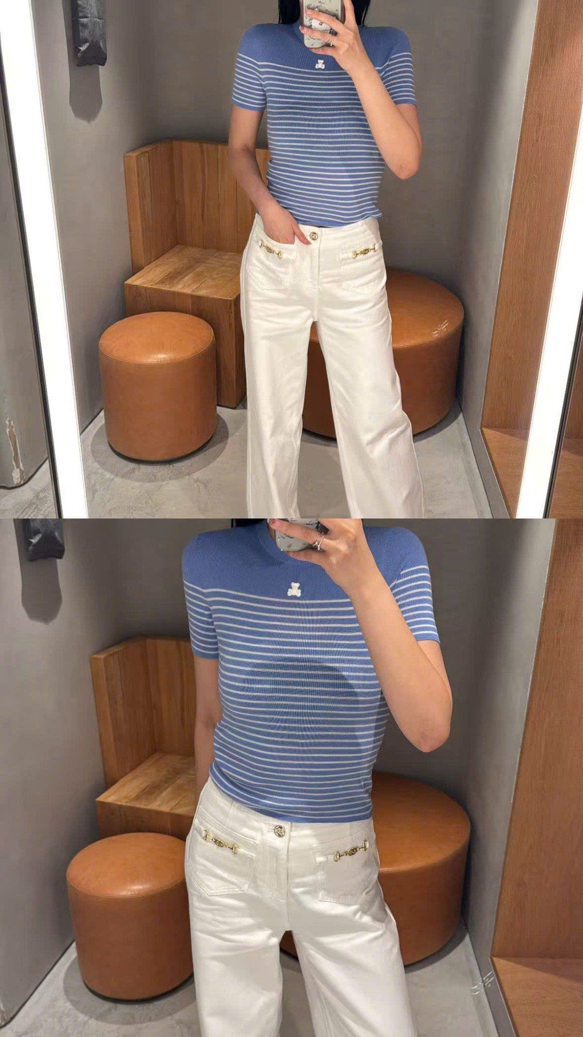  Áo ngắn tay xanh da trời kẻ sọc ngang - gấu trắng 