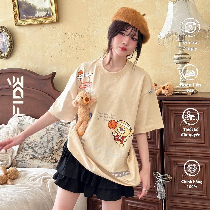 Áo thun FIDE TEEDY phông cotton unisex nam nữ form rộng cổ tròn ulzzang áo đính gấu - AT37(TẶNG KÈM GẤU)