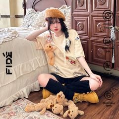 Áo thun FIDE TEEDY phông cotton unisex nam nữ form rộng cổ tròn ulzzang áo đính gấu - AT37(TẶNG KÈM GẤU)