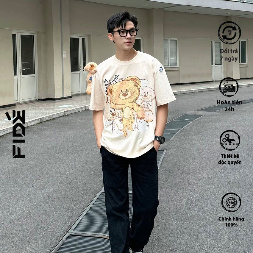 Áo thun FIDE TEEDY phông cotton unisex nam nữ form rộng cổ tròn ulzzang áo đính gấu - AT32(TẶNG KÈM GẤU)