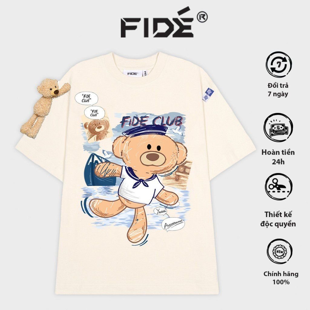 Áo thun FIDE TEEDY phông cotton unisex nam nữ form rộng cổ tròn ulzzang áo đính gấu - AT54 (TẶNG KÈM GẤU)