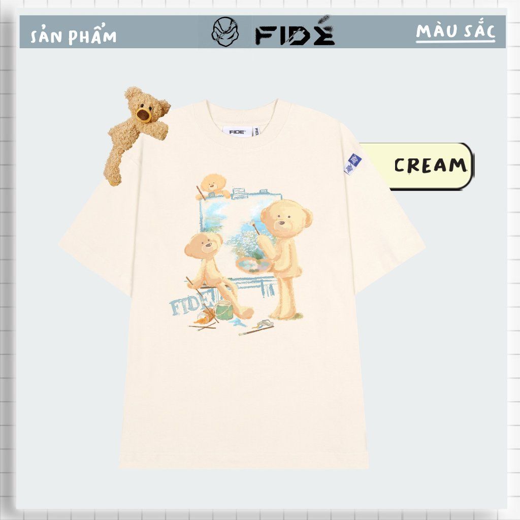 Áo thun FIDE TEEDY phông cotton unisex nam nữ form rộng cổ tròn áo đính gấu - AT60(TẶNG KÈM GẤU)