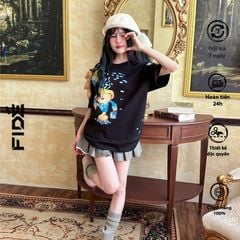 Áo thun FIDE TEEDY phông cotton unisex nam nữ form rộng cổ tròn ulzzang áo đính gấu - AT35(TẶNG KÈM GẤU)