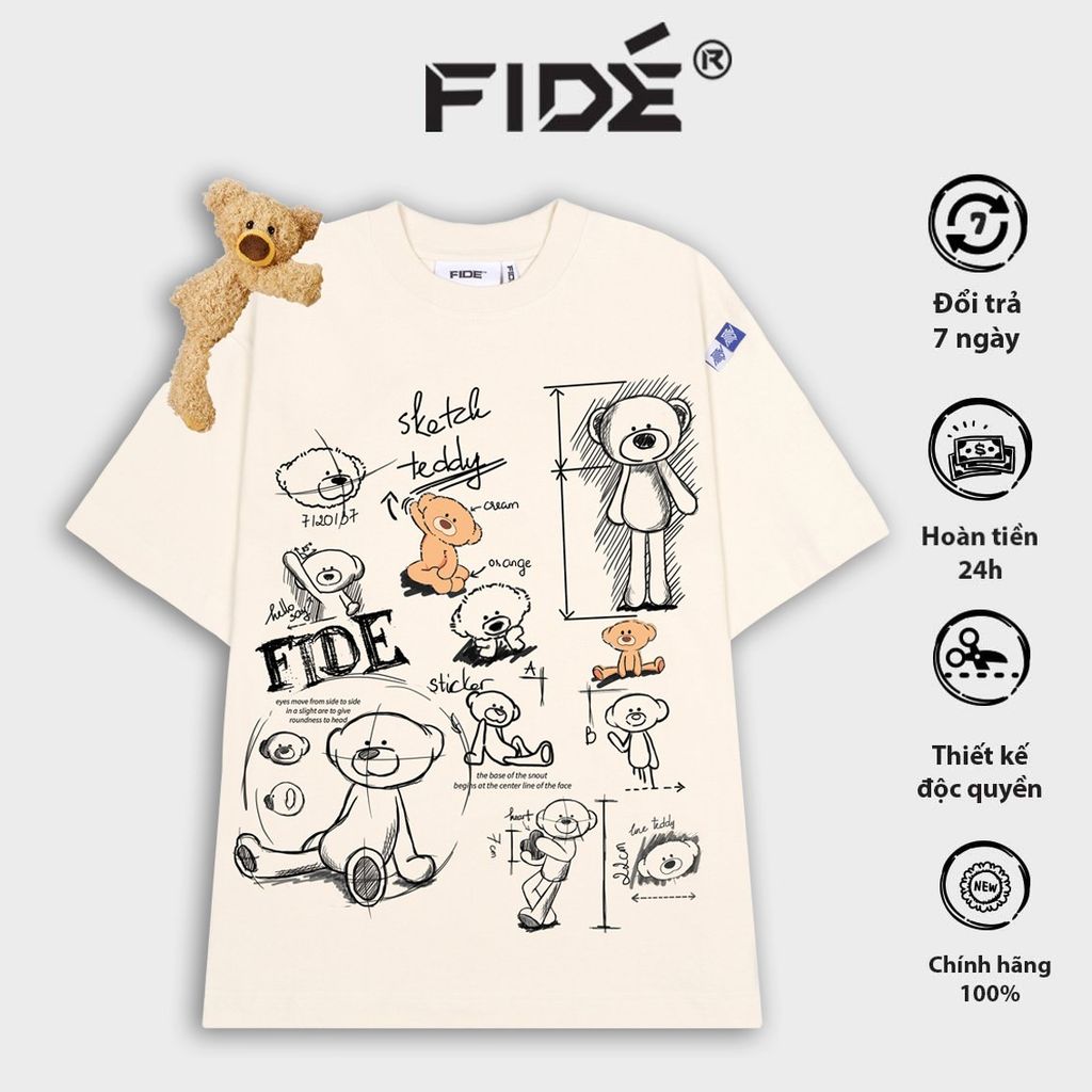 Áo thun FIDE TEEDY phông cotton unisex nam nữ form rộng cổ tròn ulzzang áo đính gấu - AT49(TẶNG KÈM GẤU)
