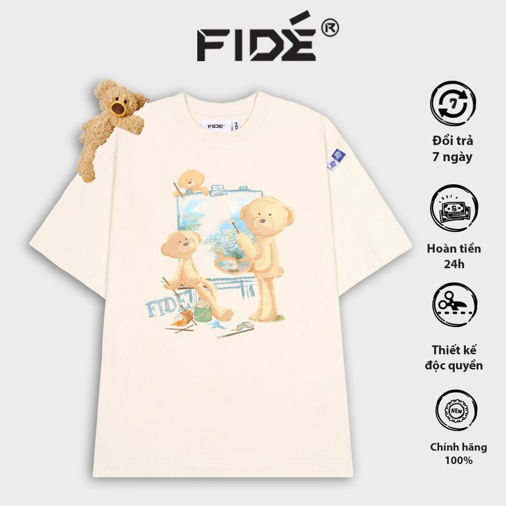 Áo thun FIDE TEEDY phông cotton unisex nam nữ form rộng cổ tròn áo đính gấu - AT60(TẶNG KÈM GẤU)
